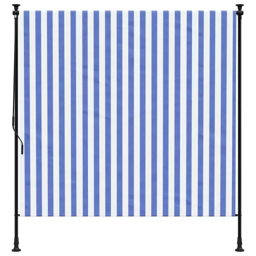 Kék és fehér szövet és acél kültéri roló 200 x 270 cm