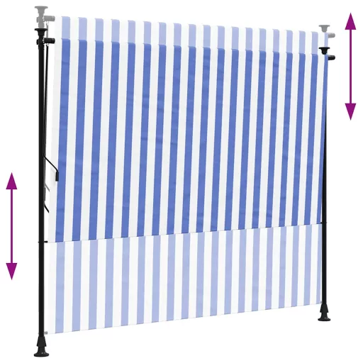 Kék és fehér szövet és acél kültéri roló 200 x 270 cm