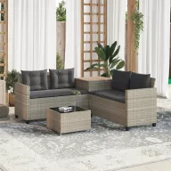   L-alakú szürke polyrattan kerti kanapé asztallal és párnákkal