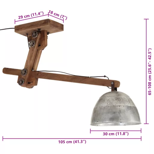 Vintage ezüst mennyezeti lámpa 25 W 105 x 30 x 65-108 cm E27