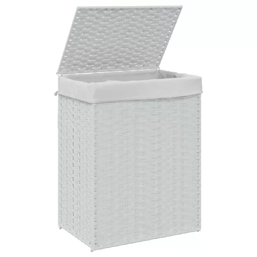 Fehér polyrattan szennyeskosár fedéllel 46x33x60 cm