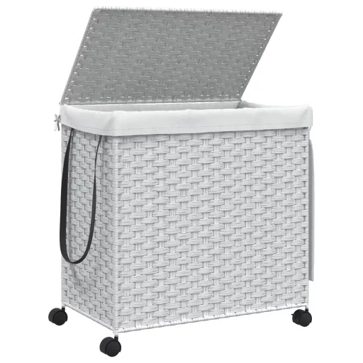 Fehér rattan szennyeskosár kerekekkel 60x35x60,5 cm
