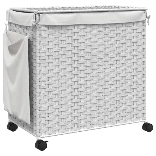 Fehér rattan szennyeskosár kerekekkel 60x35x60,5 cm