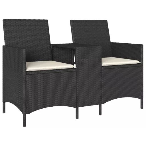2 személyes fekete polyrattan kerti kanapé asztallal / párnával