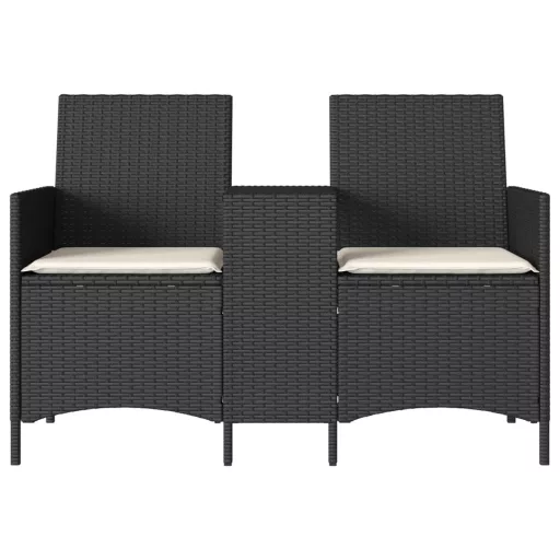 2 személyes fekete polyrattan kerti kanapé asztallal / párnával