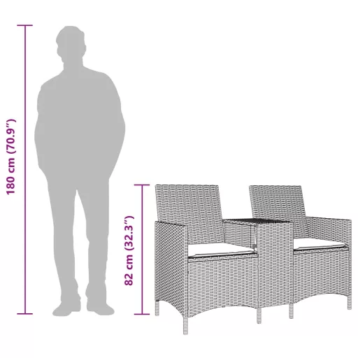 2 személyes fekete polyrattan kerti kanapé asztallal / párnával