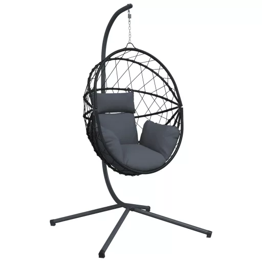 Antracitszürke rattan és acél függő kagylószék állvánnyal