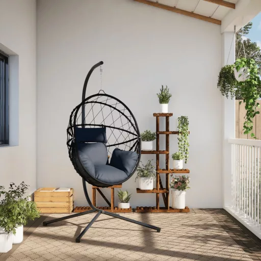 Antracitszürke rattan és acél függő kagylószék állvánnyal