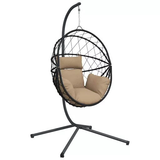 Tópszínű rattan és acél függő kagylószék állvánnyal