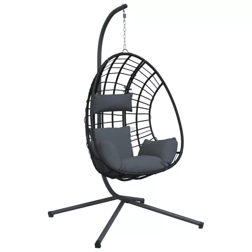 Antracitszürke rattan és acél függő kagylószék állvánnyal