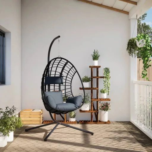 Antracitszürke rattan és acél függő kagylószék állvánnyal