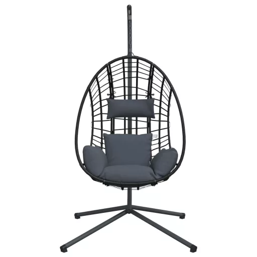 Antracitszürke rattan és acél függő kagylószék állvánnyal