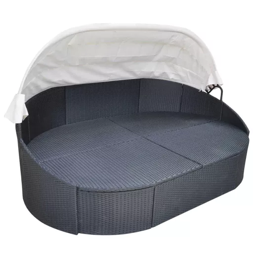 Fekete polyrattan kültéri napozóágy napellenzővel