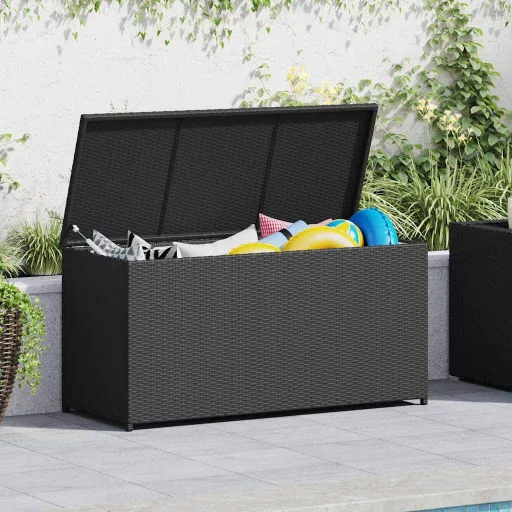 Fekete polyrattan kerti tárolóláda 120 x 50 x 60 cm