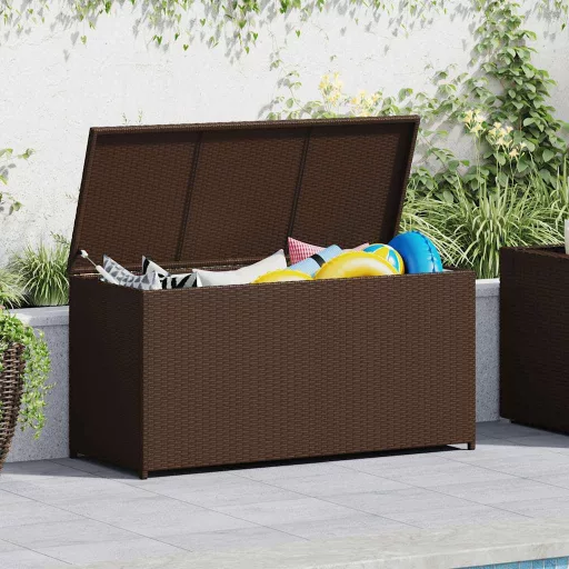 Barna polyrattan kerti tárolóláda 120 x 50 x 60 cm