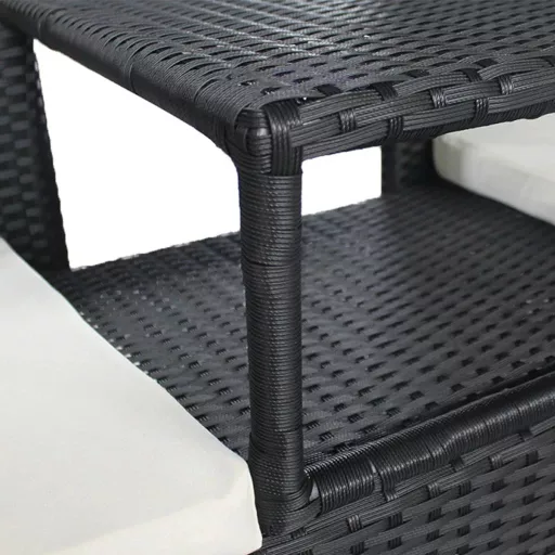 Fekete kétszemélyes polyrattan kerti kanapé italtartó asztallal