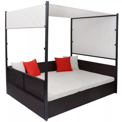 Barna polyrattan napellenzős kerti ágy 190 x 130 cm