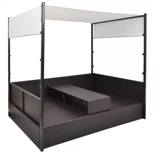 Barna polyrattan napellenzős kerti ágy 190 x 130 cm