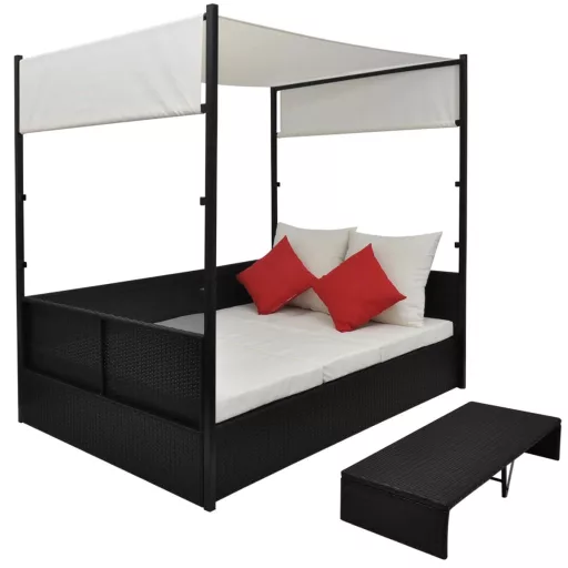 Fekete polyrattan napellenzős kerti ágy 190 x 130 cm