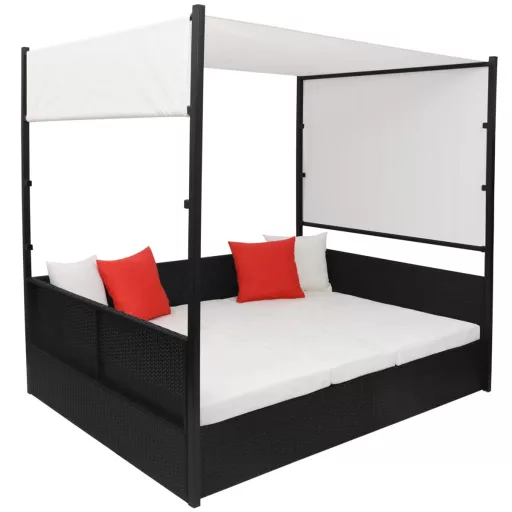 Fekete polyrattan napellenzős kerti ágy 190 x 130 cm