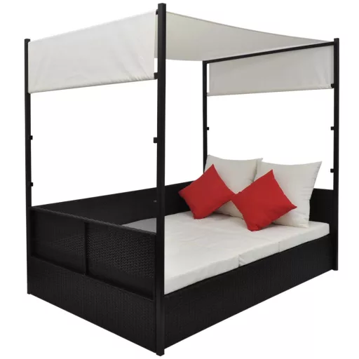 Fekete polyrattan napellenzős kerti ágy 190 x 130 cm