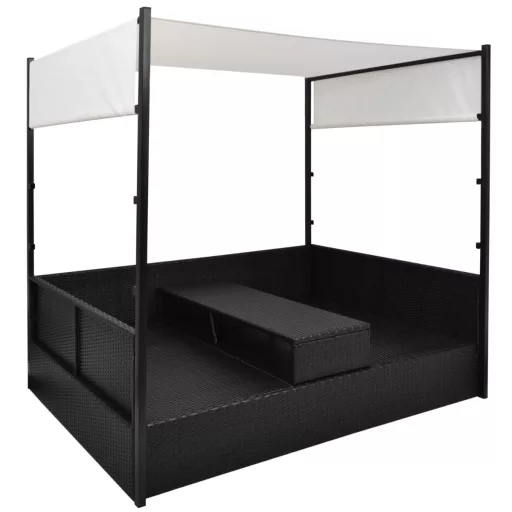 Fekete polyrattan napellenzős kerti ágy 190 x 130 cm