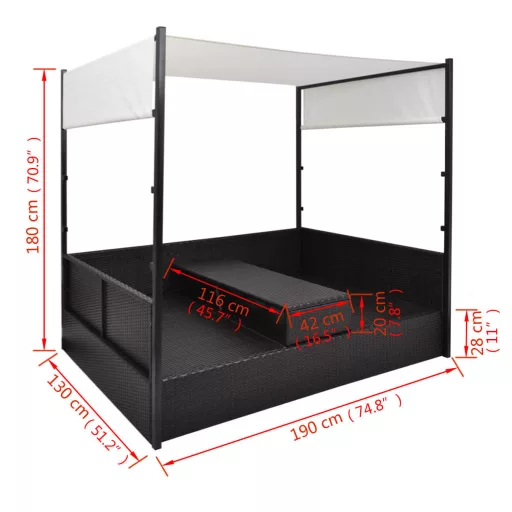 Fekete polyrattan napellenzős kerti ágy 190 x 130 cm