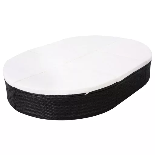 Fekete polyrattan kültéri napozóágy párnával