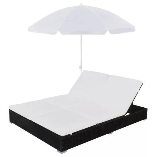 Fekete polyrattan napozóágy napernyővel