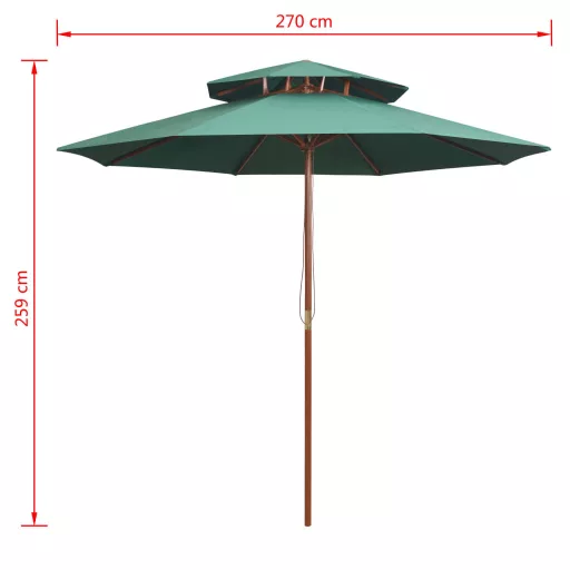Zöld dupla tetős napernyő fa rúddal 270 x 270 cm