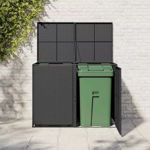Fekete rattan dupla tároló gurulós kukához 148 x 80 x 111 cm