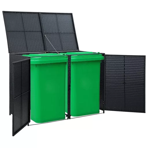 Fekete rattan dupla tároló gurulós kukához 148 x 80 x 111 cm