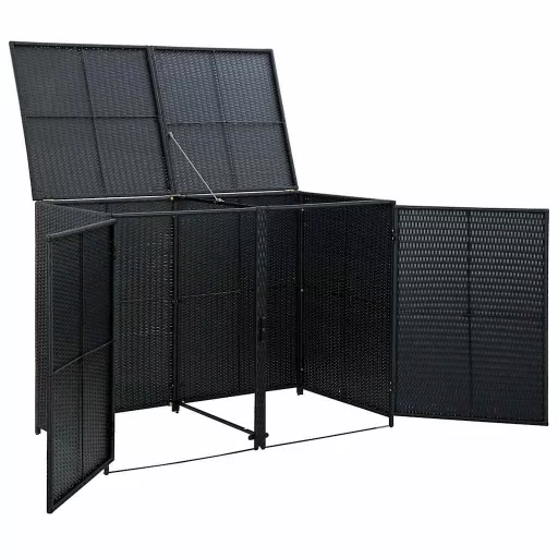 Fekete rattan dupla tároló gurulós kukához 148 x 80 x 111 cm