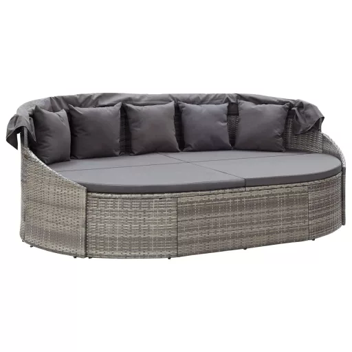 Szürke polyrattan kültéri napozóágy napellenzővel