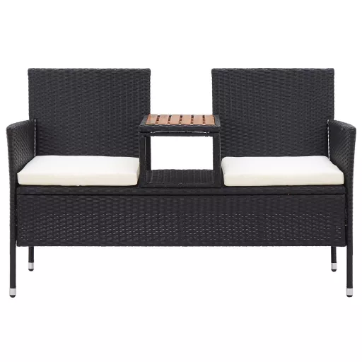 2 személyes fekete polyrattan kerti pad teázóasztallal 143 cm