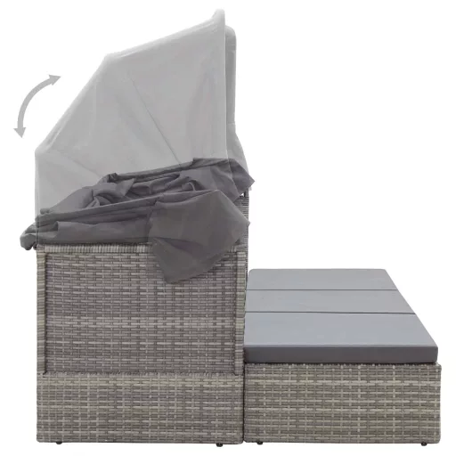 Szürke polyrattan kerti napozóágy tetővel