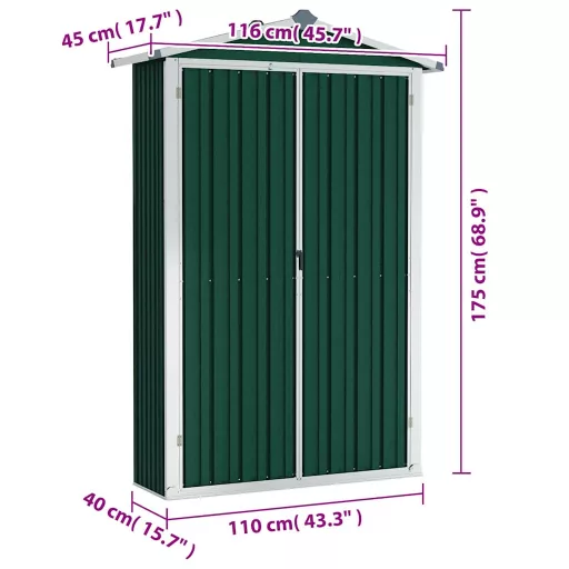 Zöld horganyzott acél kerti fészer 116x45x175 cm