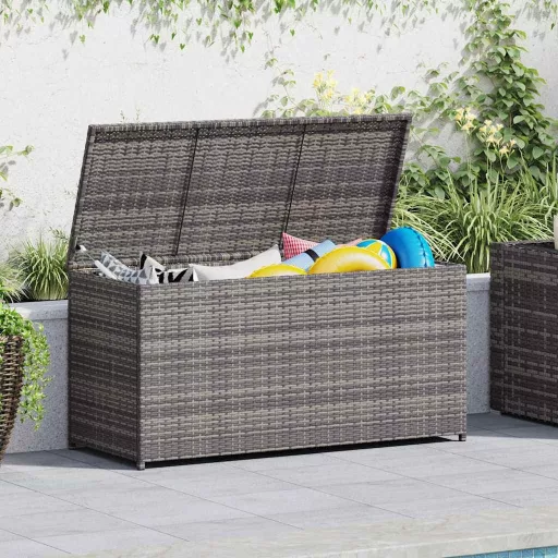 Szürke polyrattan kerti tárolóláda 120 x 50 x 60 cm
