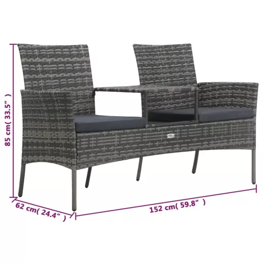 Kétszemélyes antracitszürke polyrattan kanapé teázóasztallal