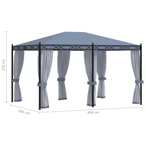Antracitszürke acélpavilon szúnyoghálóval 3 x 4 m