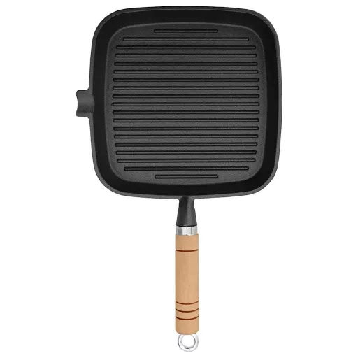 Öntöttvas grillserpenyő fa nyéllel 20 x 20 cm