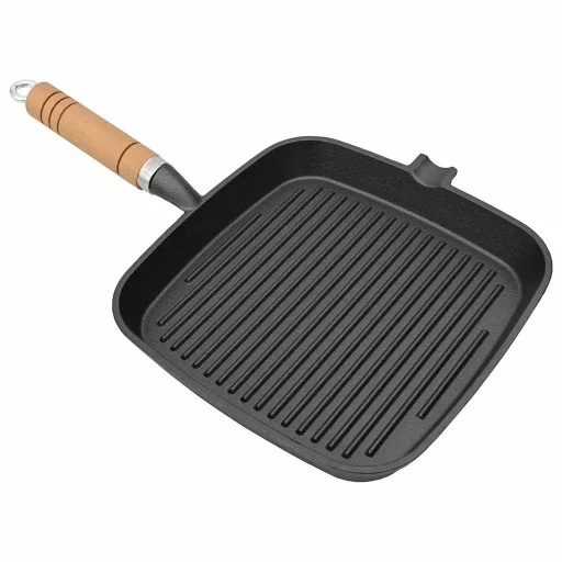 Öntöttvas grillserpenyő fa nyéllel 20 x 20 cm