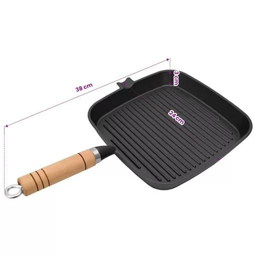 Öntöttvas grillserpenyő fa nyéllel 20 x 20 cm