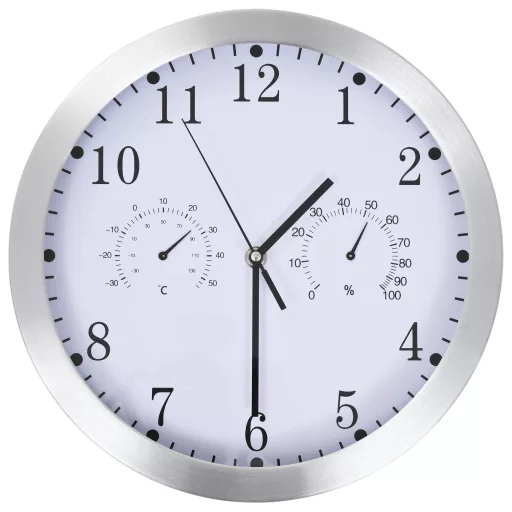 Kvarcszerkezetes fehér falióra higrométerrel, hőmérővel, 30 cm