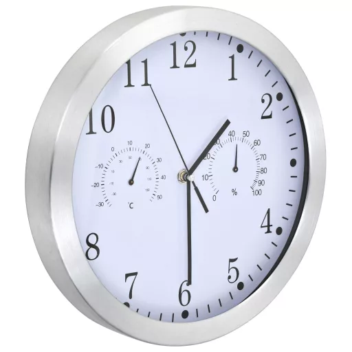 Kvarcszerkezetes fehér falióra higrométerrel, hőmérővel, 30 cm