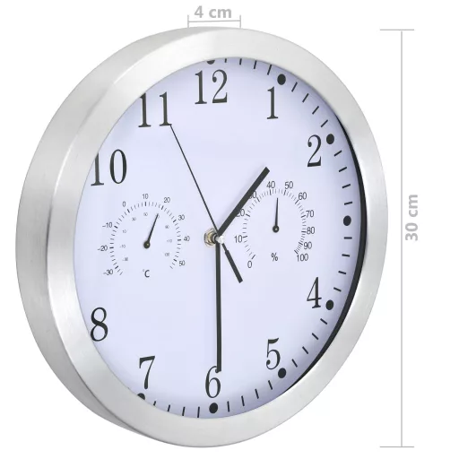 Kvarcszerkezetes fehér falióra higrométerrel, hőmérővel, 30 cm