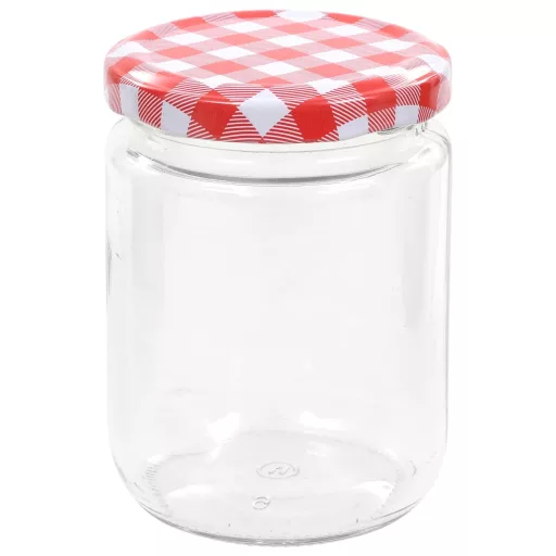 48 db 230 ml-es befőttesüveg piros-fehér tetővel