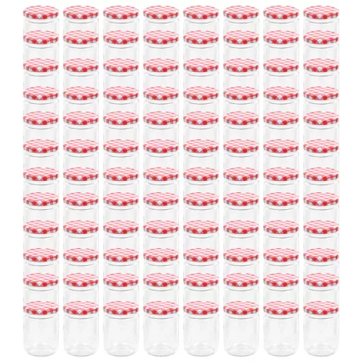 96 db 230 ml-es befőttesüveg piros-fehér tetővel