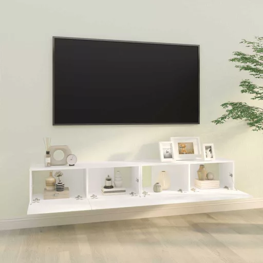2 db fehér szerelt fa fali TV-szekrény 100 x 30 x 30 cm