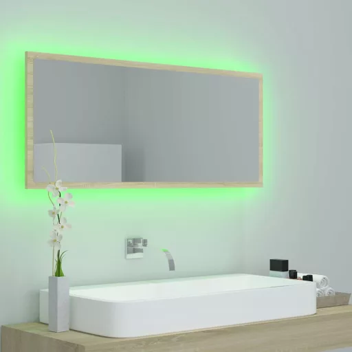Sonoma tölgy akril LED-es fürdőszobai tükör 100x8,5x37 cm